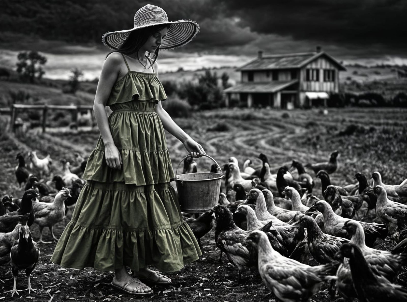 Woman in Green Dress Feeding Chickens, Selective Color