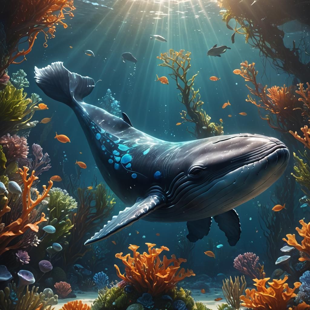 Baby Whale in Underwater Garden: Fantasy Art