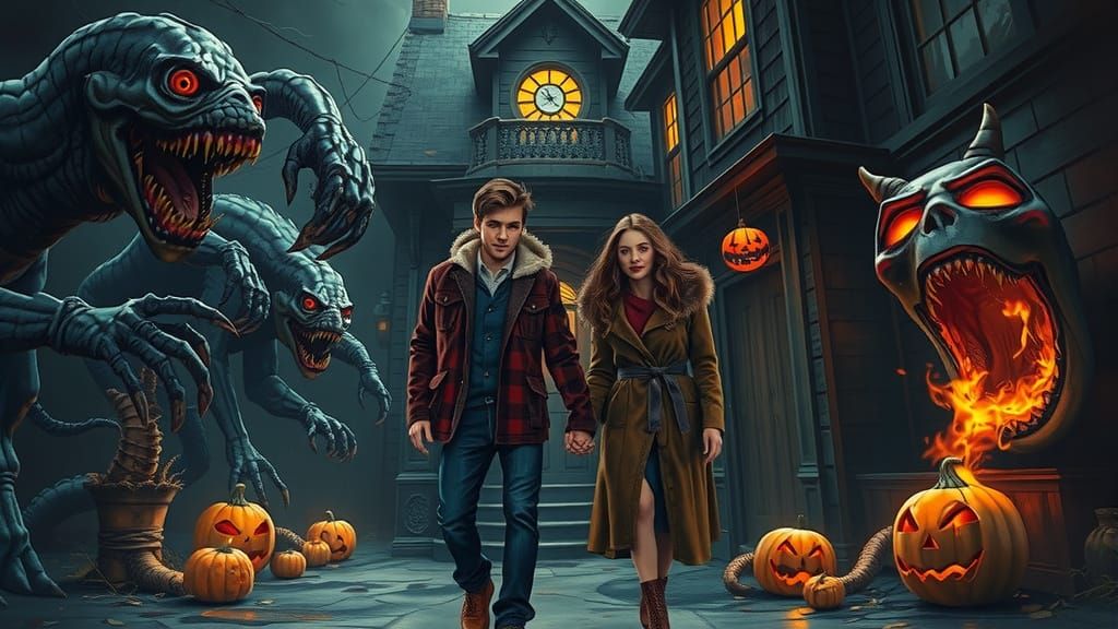 Couple's Spooky Walk: Gothic Horror Art