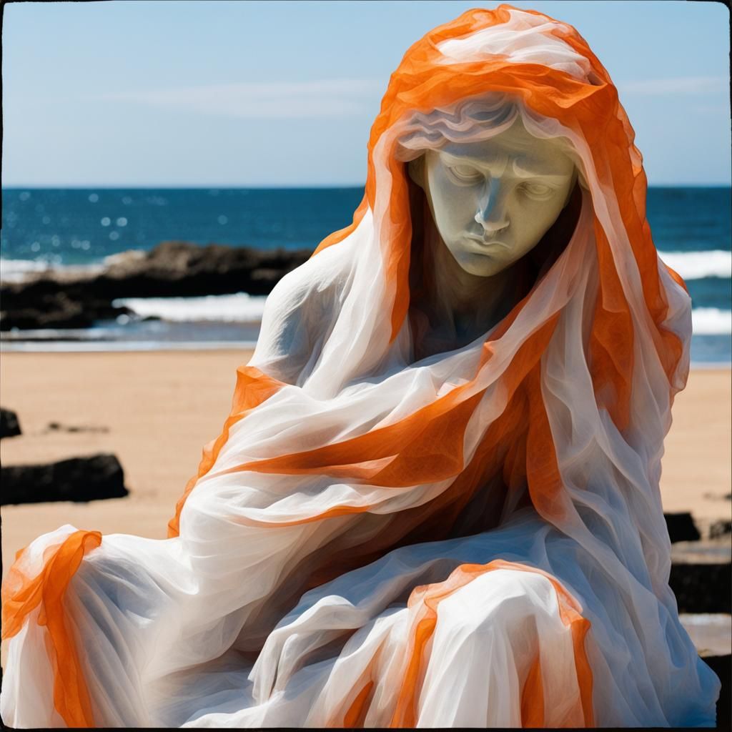 Statue of Sad Woman Draped in Tulle