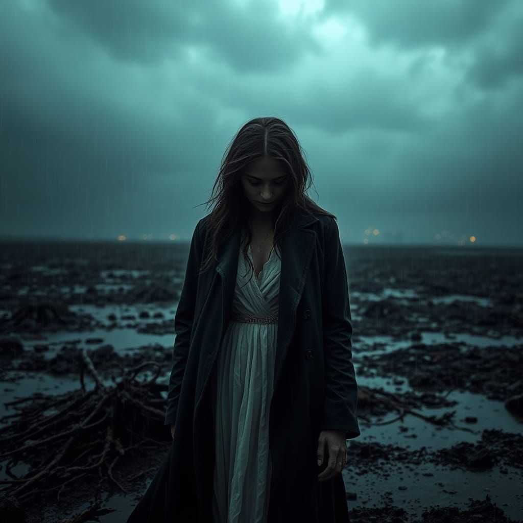Heartbroken Woman in a Stormy Landscape