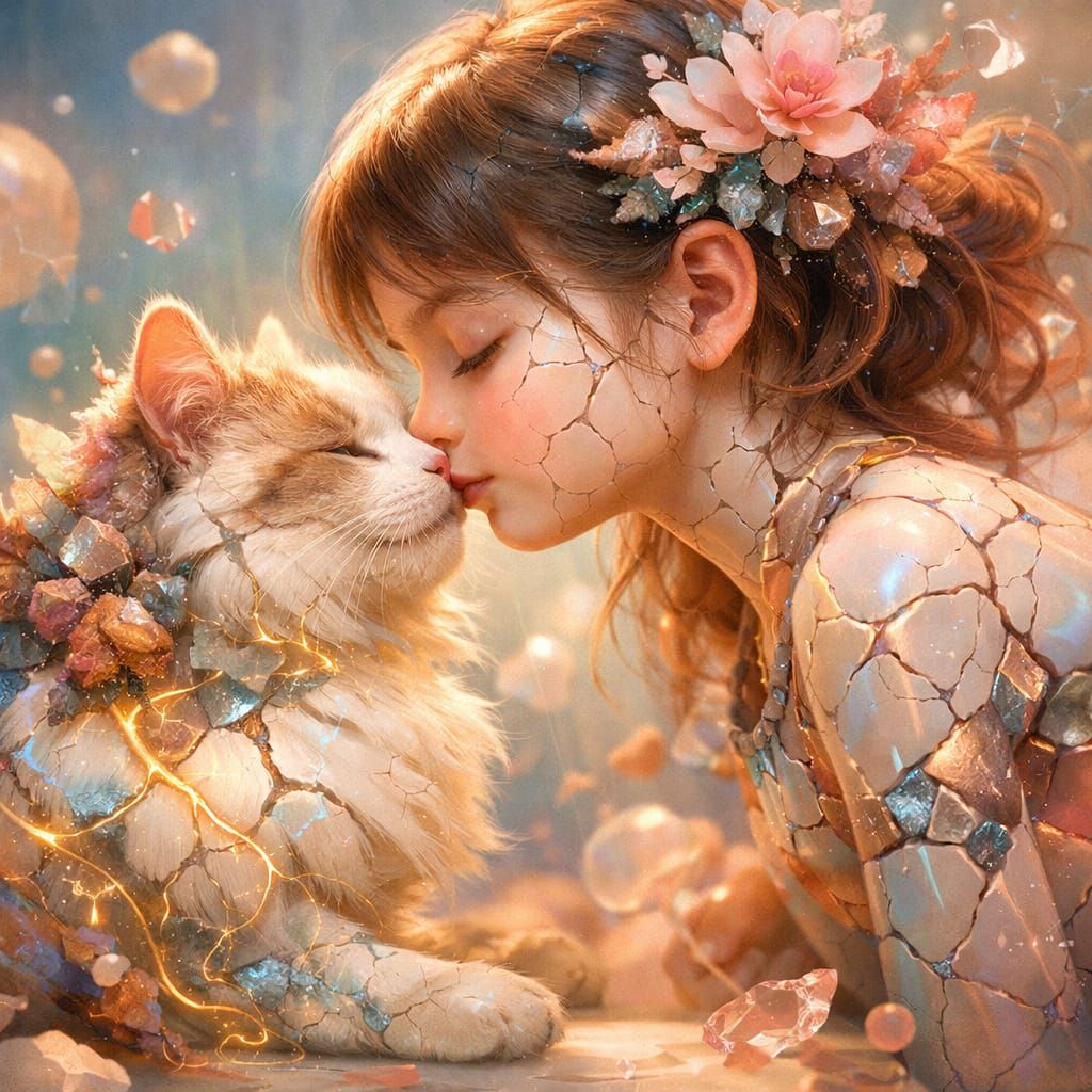 Girl Kisses Cat Surreal Porcelain Fractured Dreamscape