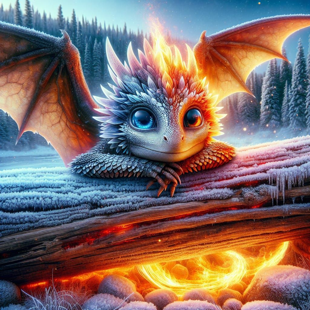 Fantasy Creature with Fire and Ice Wings in Snowy Landscape