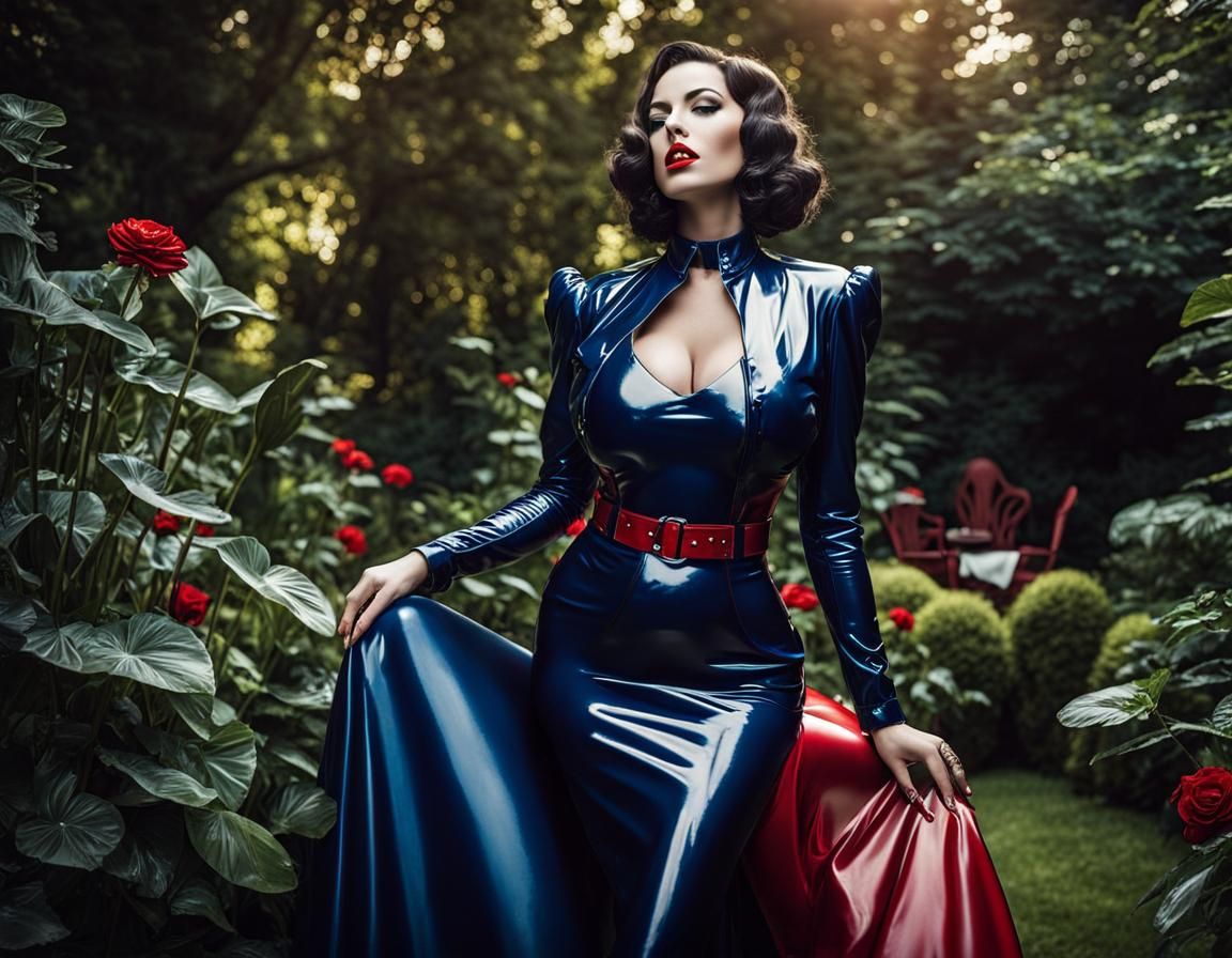 Curvy Woman in Red Latex at Garden Party