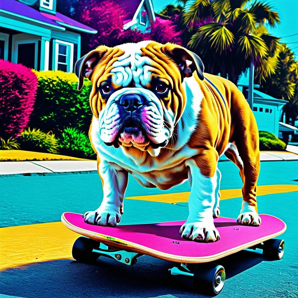 An English bulldog on a skateboard