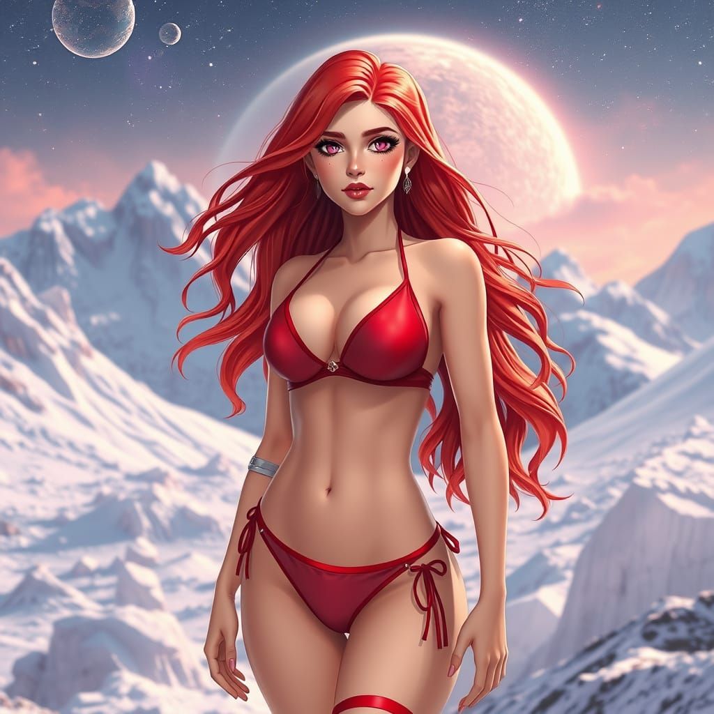 Red-Haired Space Woman in Galactic Bikini: Sensual Anime Art