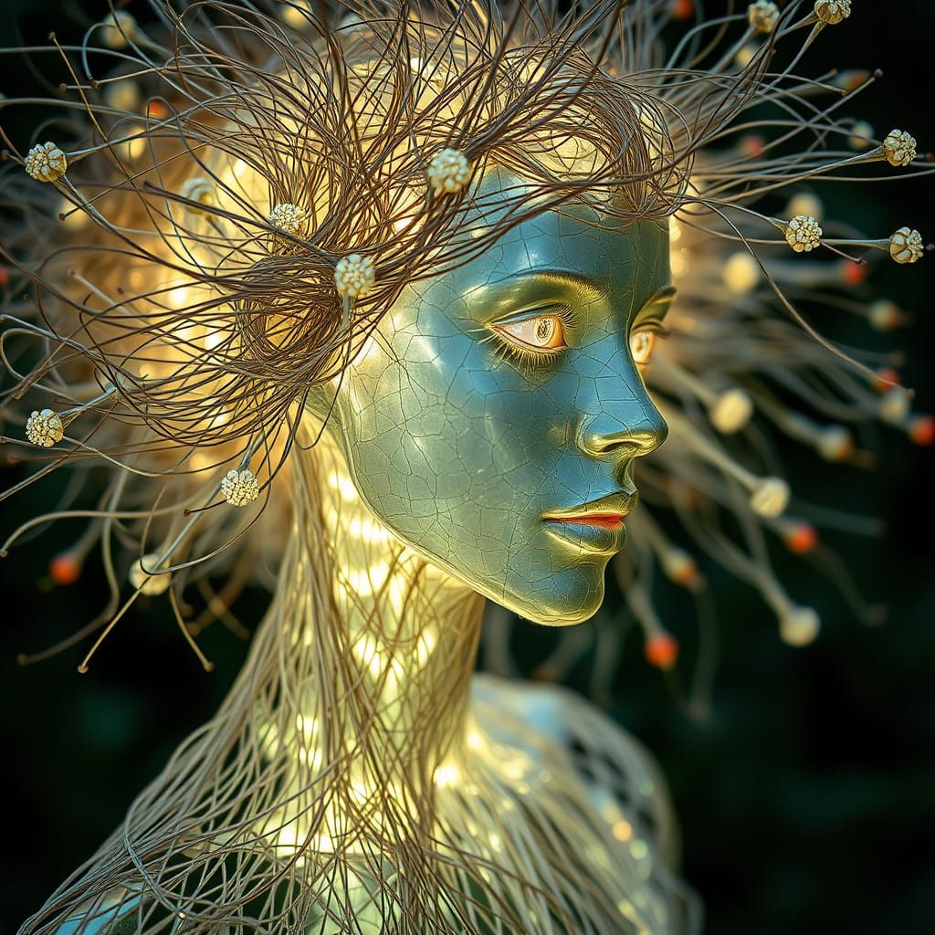 Ethereal String Woman Kissing Bioluminescent Garden