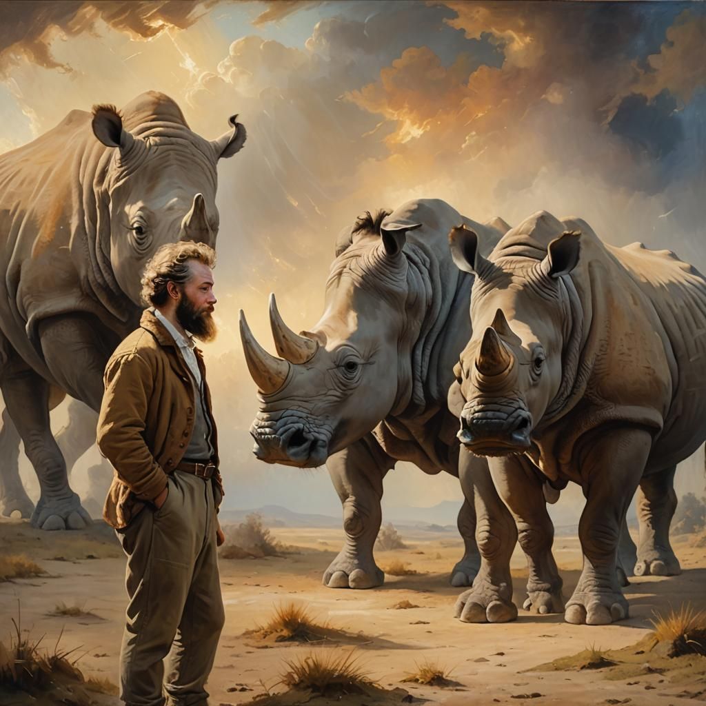 Bearded Man and Rhino in Baroque Oil Painting