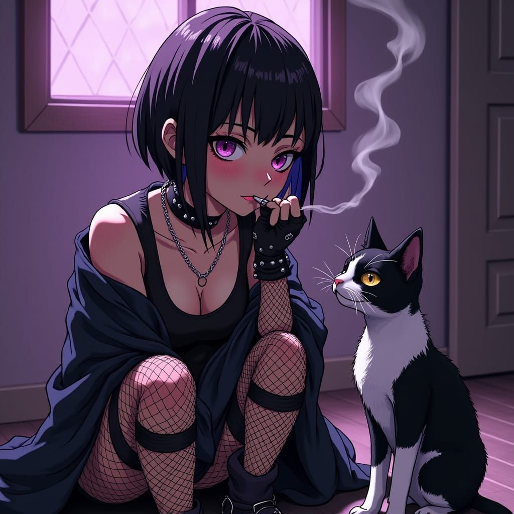 Edgy Anime Girl with Cat in Manga Style