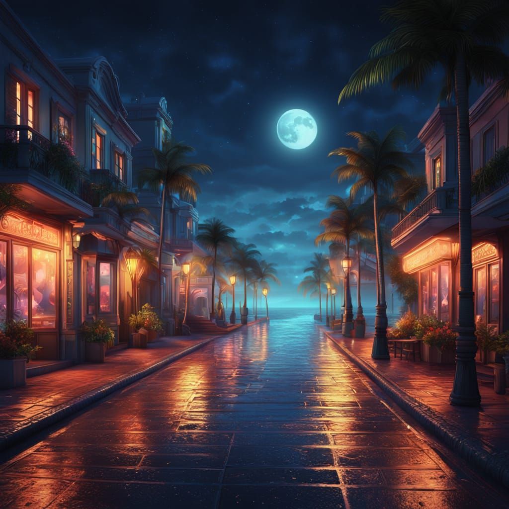 Mysterious Seaside Boulevard at Night in Ethereal Glow