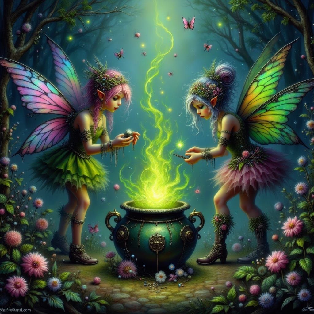 Three Pixies Dance Around a Cauldron in a Dark Forest