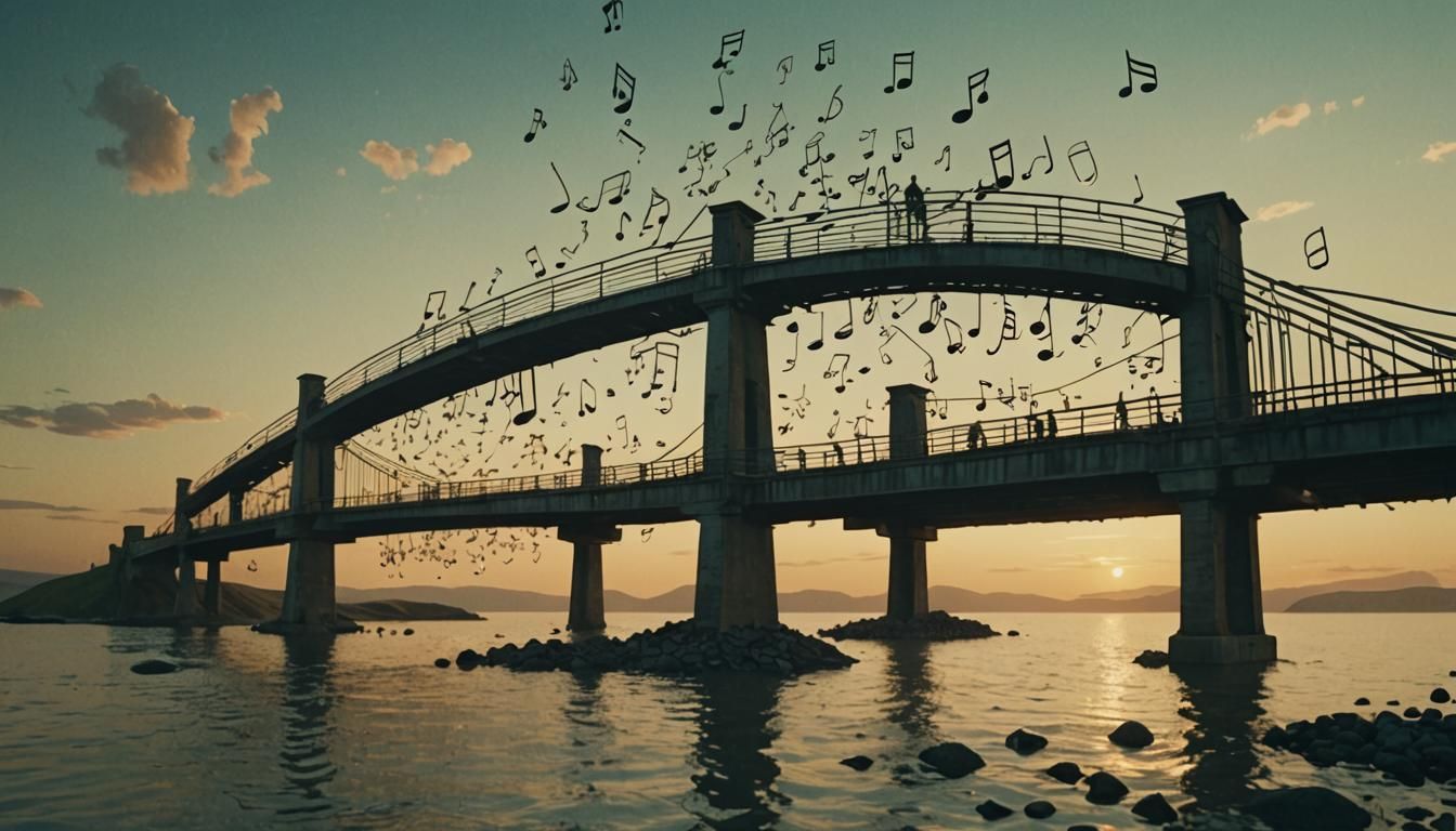 Musical Bridge Between Floating Islands in Dreamlike Style