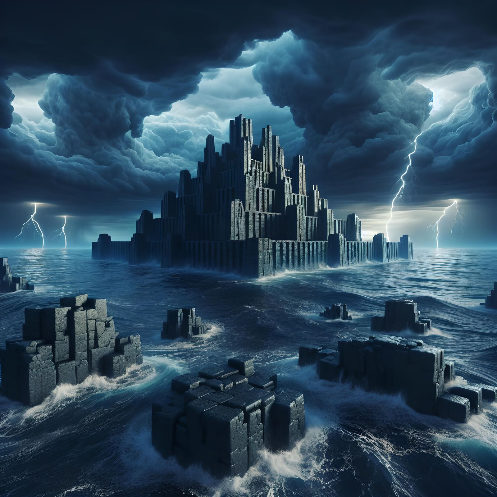 The ancient basalt alien city of Ry'lyeh emerging from the ocean under a stormy sky.