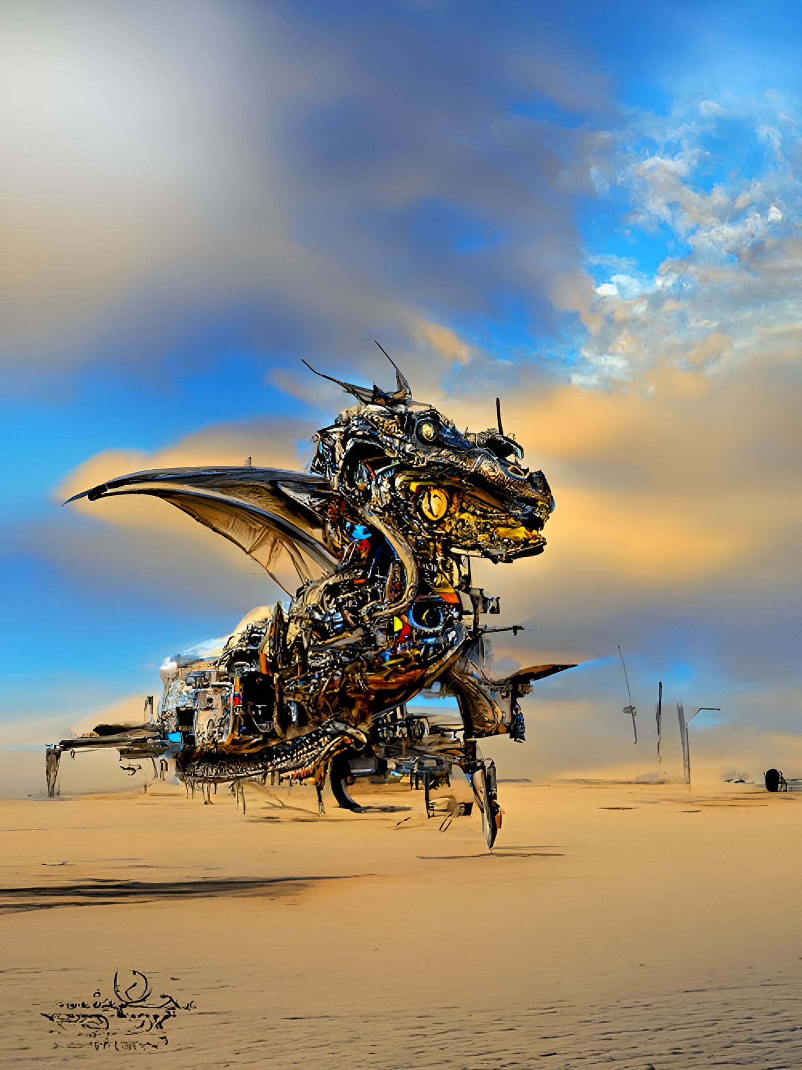 Cyberpunk Dragon in Desert, Digital Art
