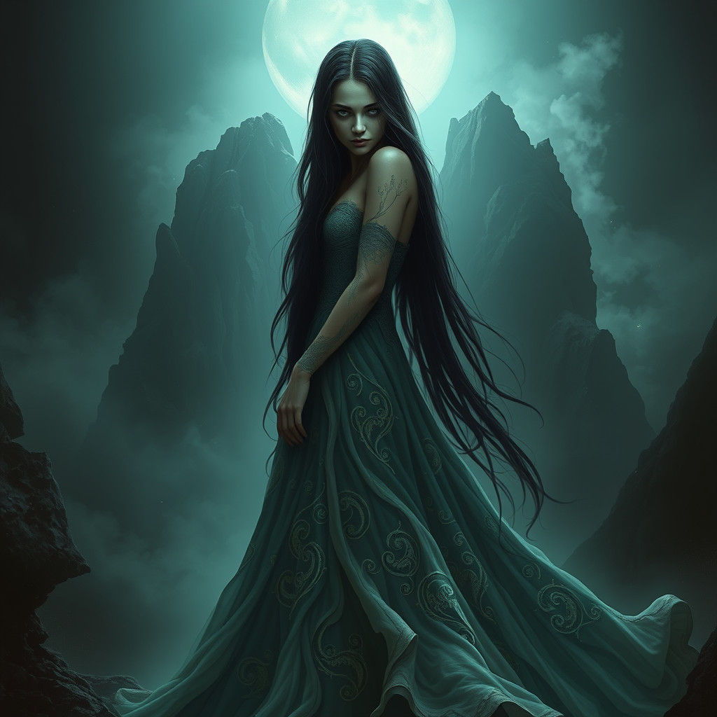 Melancholic Woman in Dreamlike Realm, Detailed Matte Paintin...