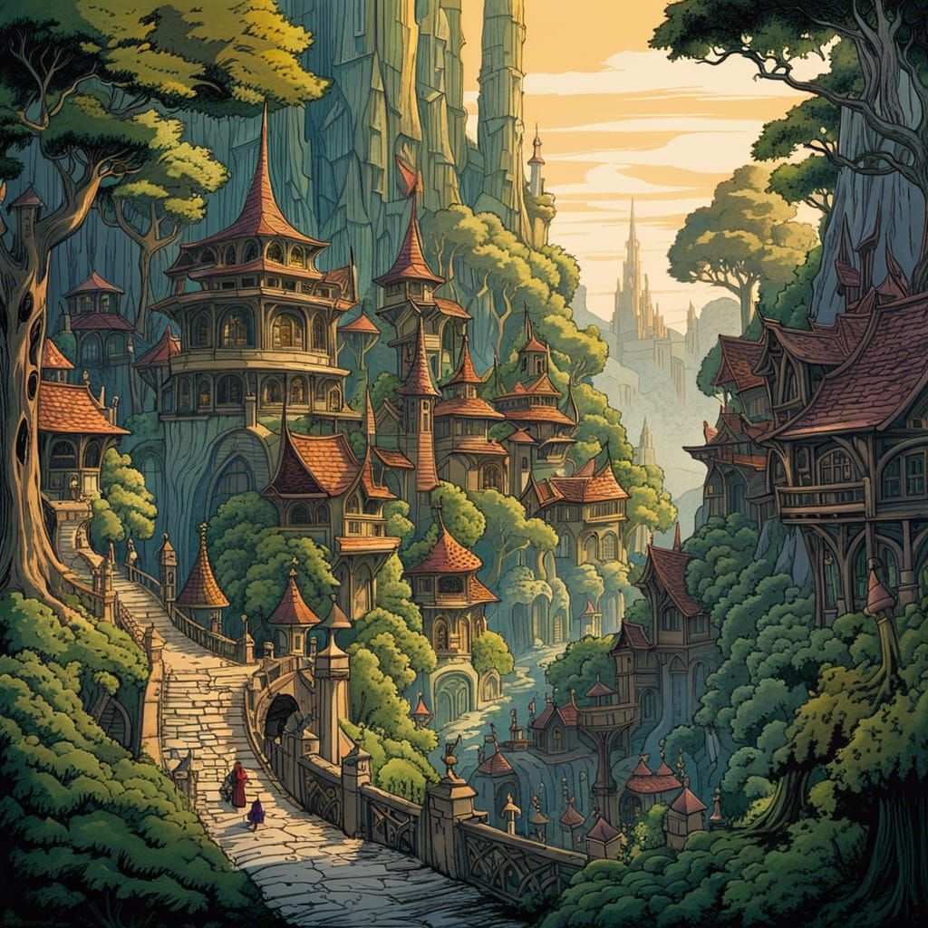 Elven City in Dark Forest, Don Bluth Style