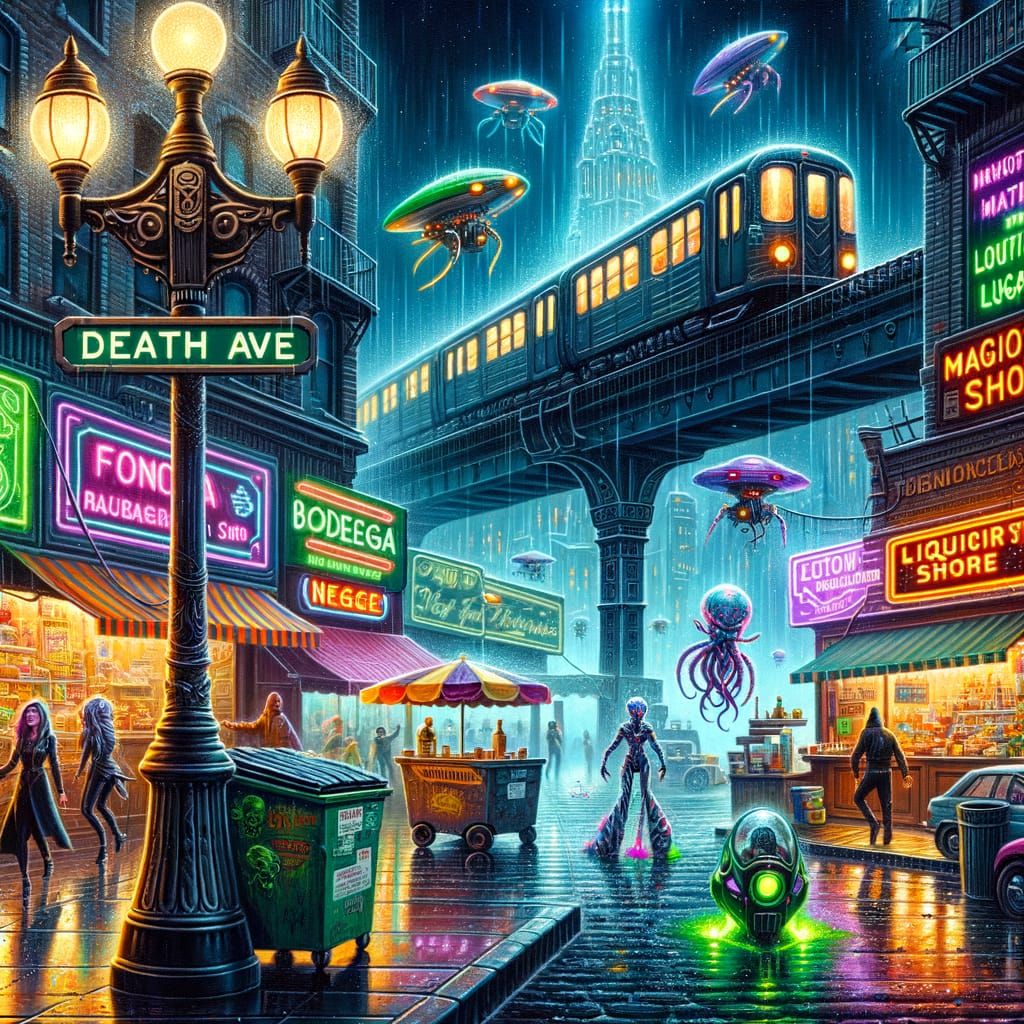 Cyberpunk Street Scene on a Rainy Night in Neon Colors