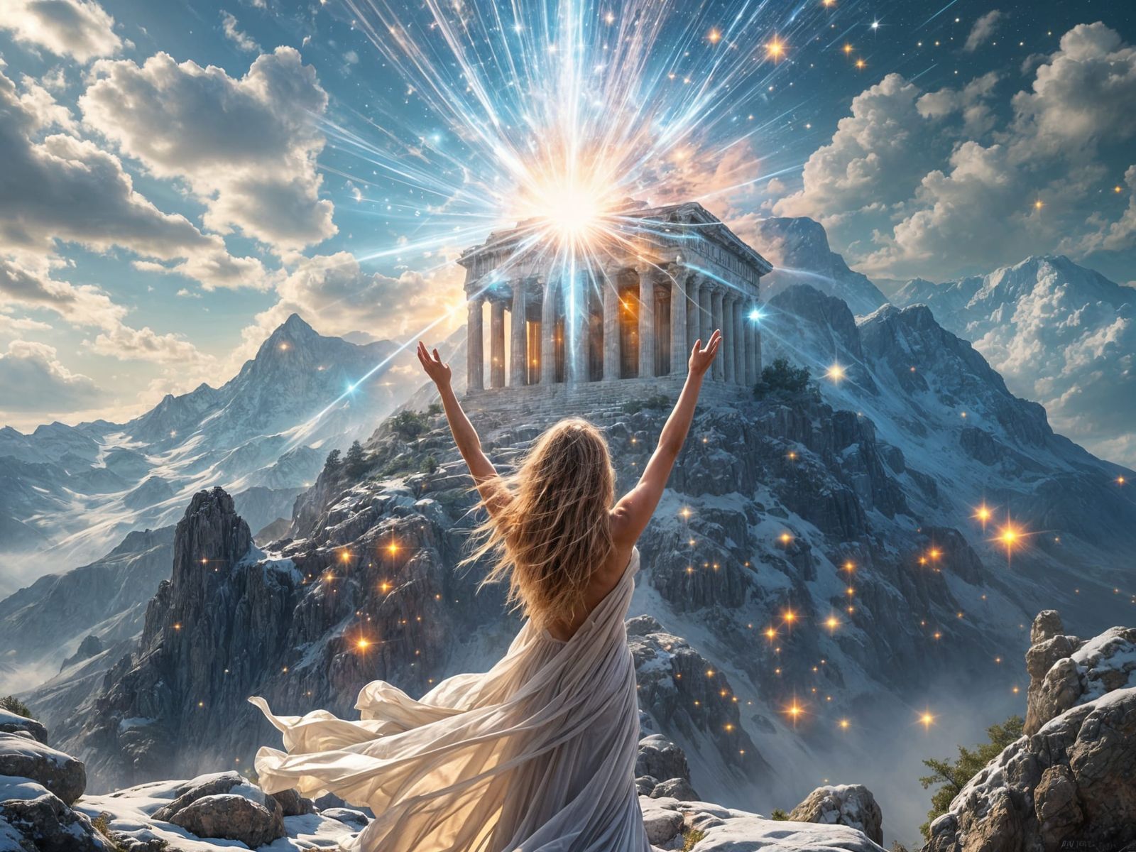 Greek Goddess Before Temple on Snow Mountain