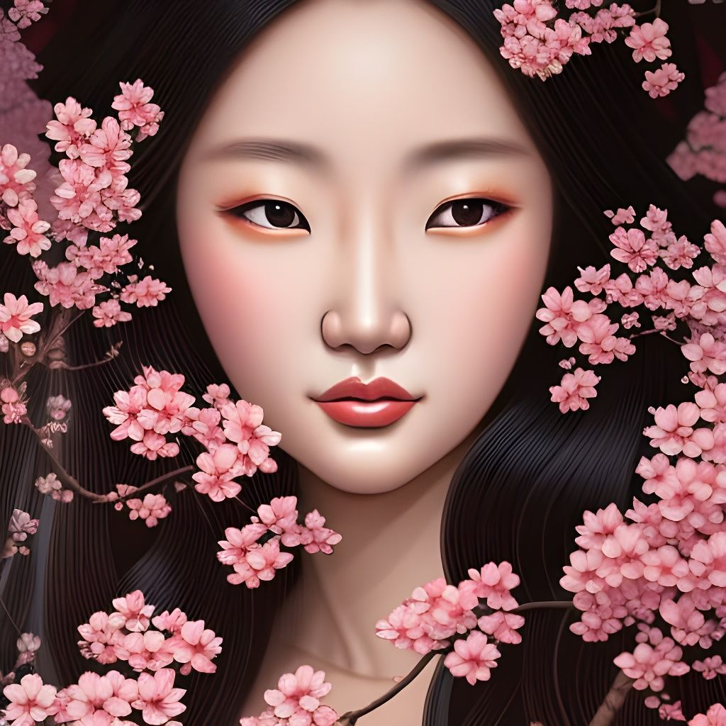 Japanese Girl in Kimono with Cherry Blossoms
