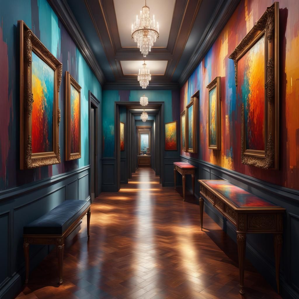 Hyperrealistic Hallway with Paintings and Mirrors
