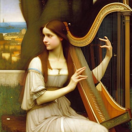 A masterful painting of a beautiful young woman playing the ...