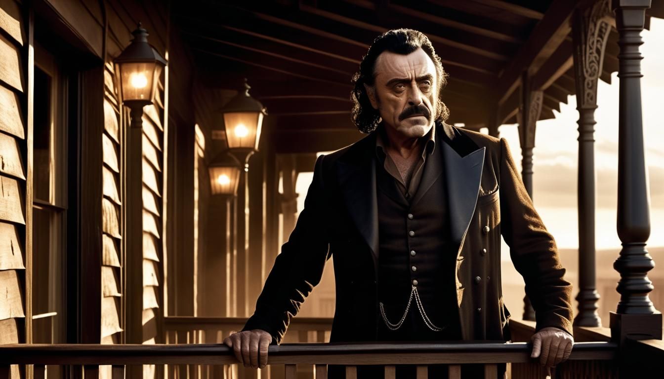 Al Swearengen Sepia Portrait on Deadwood Balcony