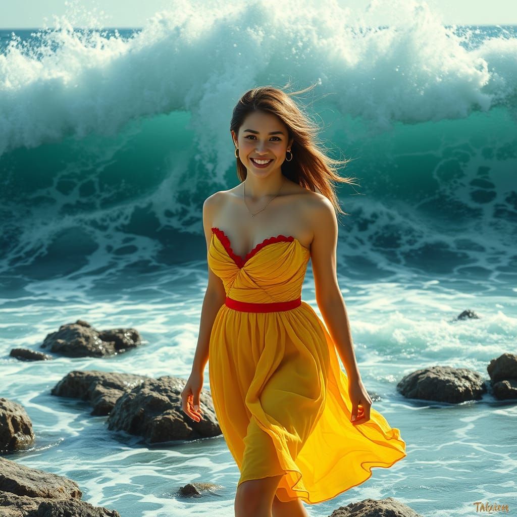 Double Exposure: Ocean Waves and a Stylish Woman