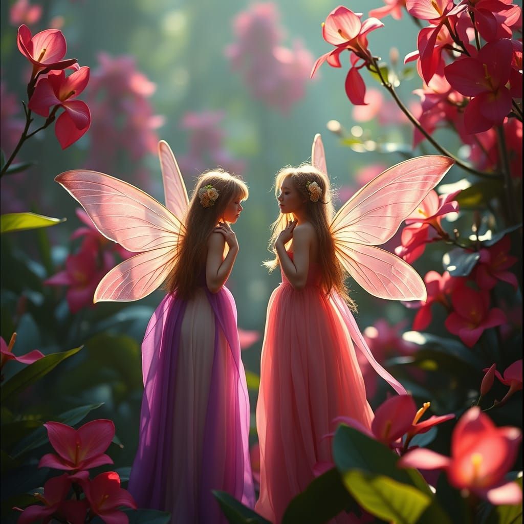 Fairies Among Anthuriums in Cinematic Film Aesthetic