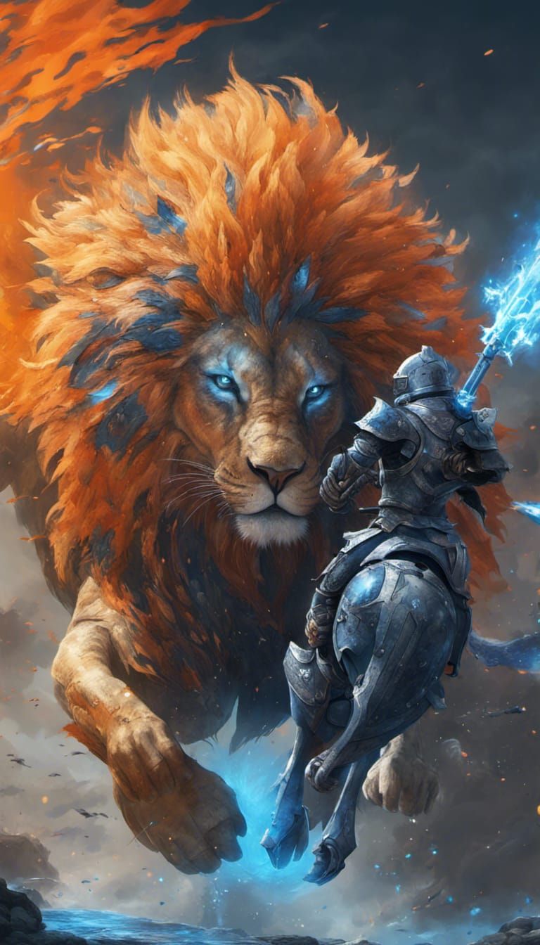 Blue Knight on Lion in Explosive Fantasy Art