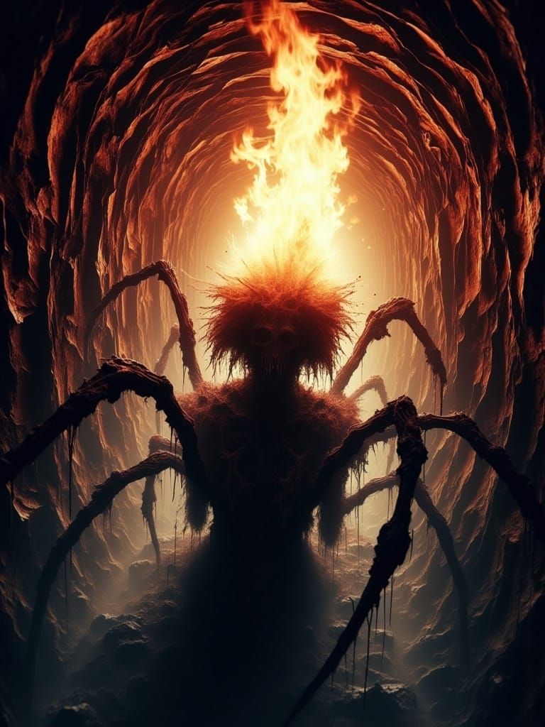 Scarecrow's Transformation: Spider Emerges at Sunset