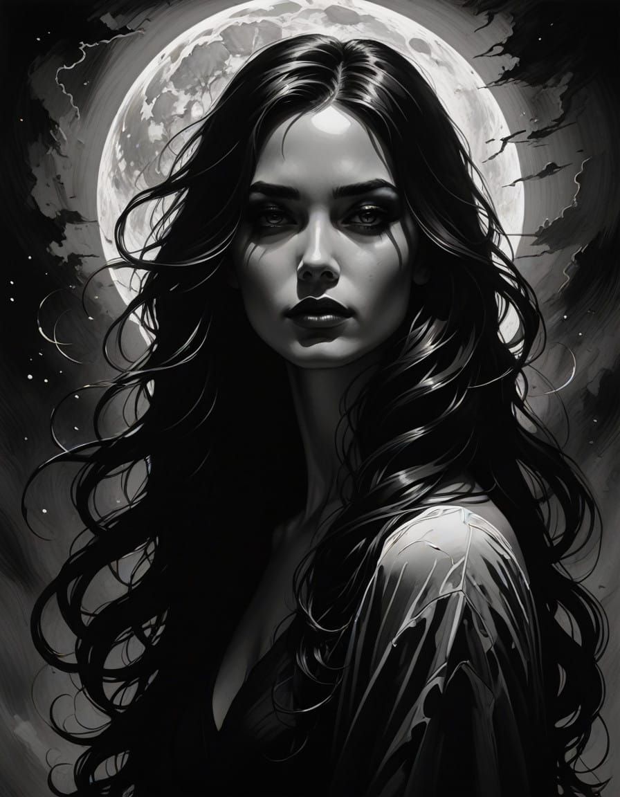 Moonlit Enigma in Black and White Silhouette