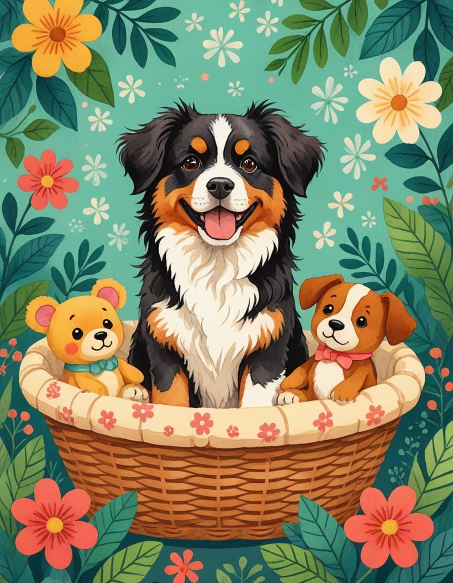 Bernese Mountain Dog in Basket: Whimsical Anime Watercolor