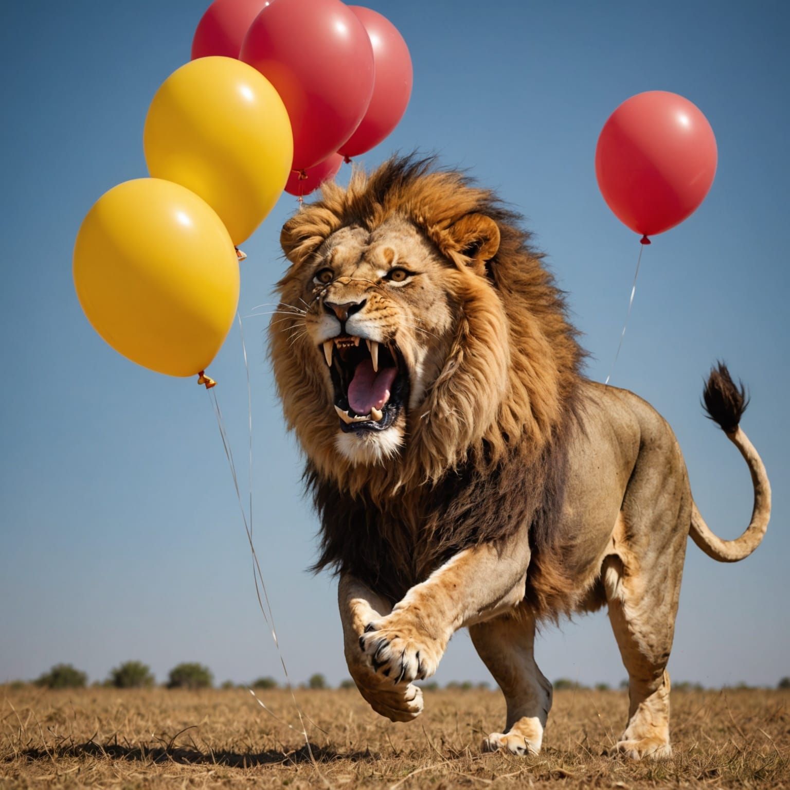 Ferocious Lion Roaring at Bursting Balloon