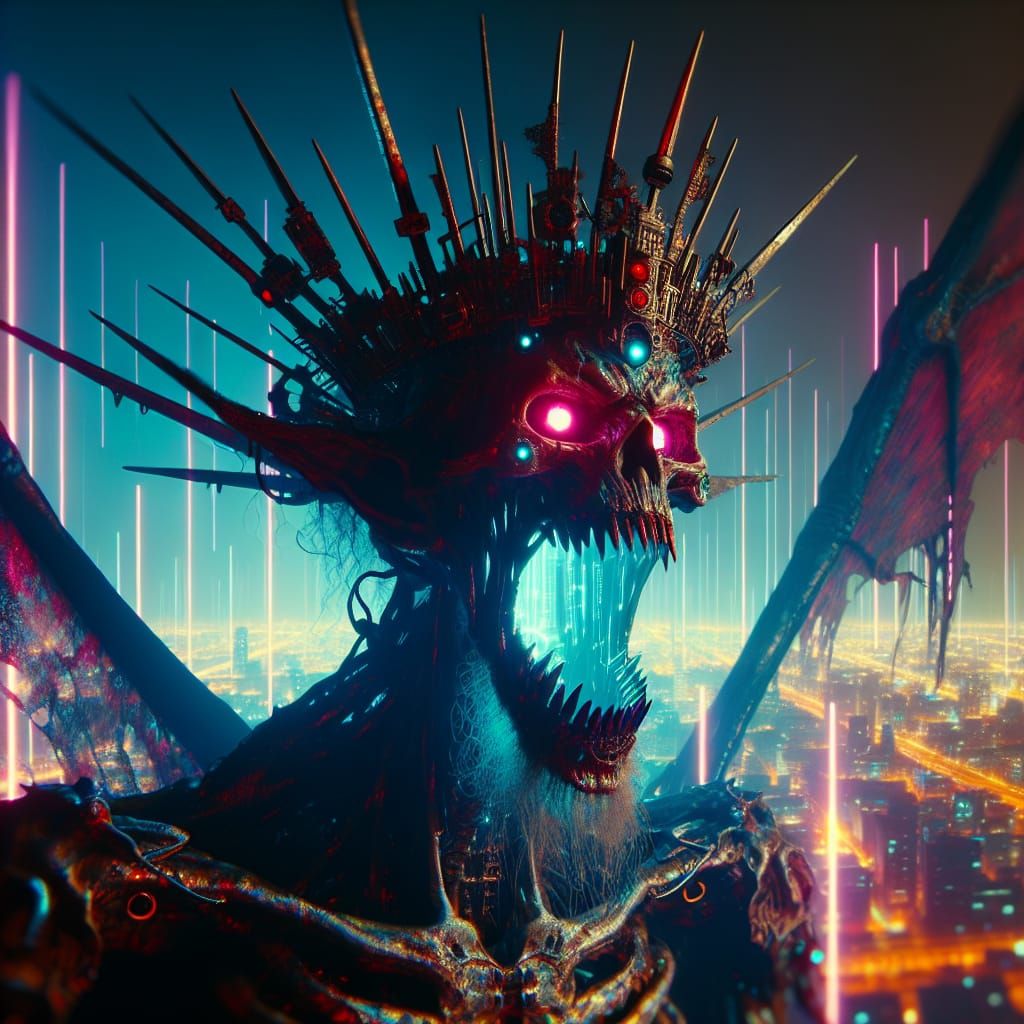 Cyberpunk Demon Lord Emerges in Dark Neon Cityscape