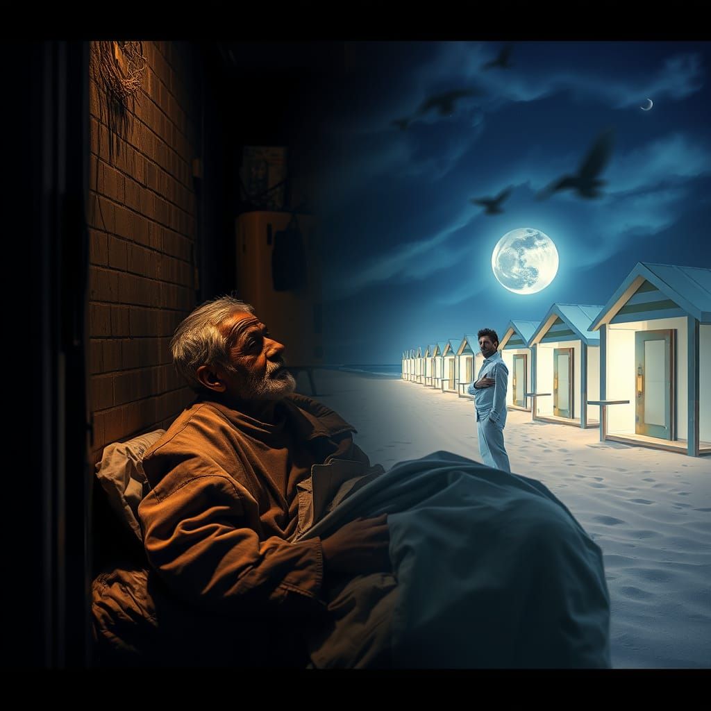 Homeless Man's Dream in Ethereal Double Exposure