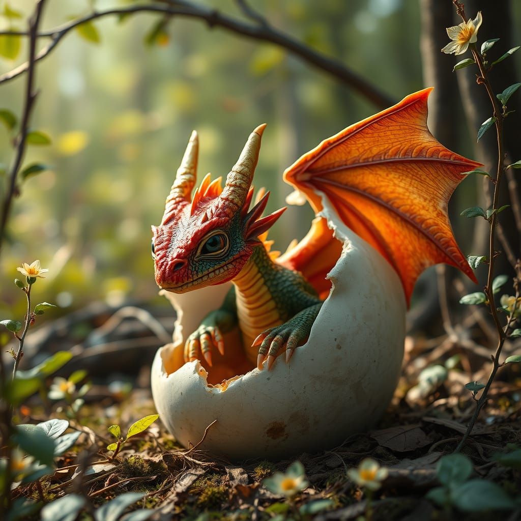 Fantastical Baby Dragon Hatches in Summer Forest