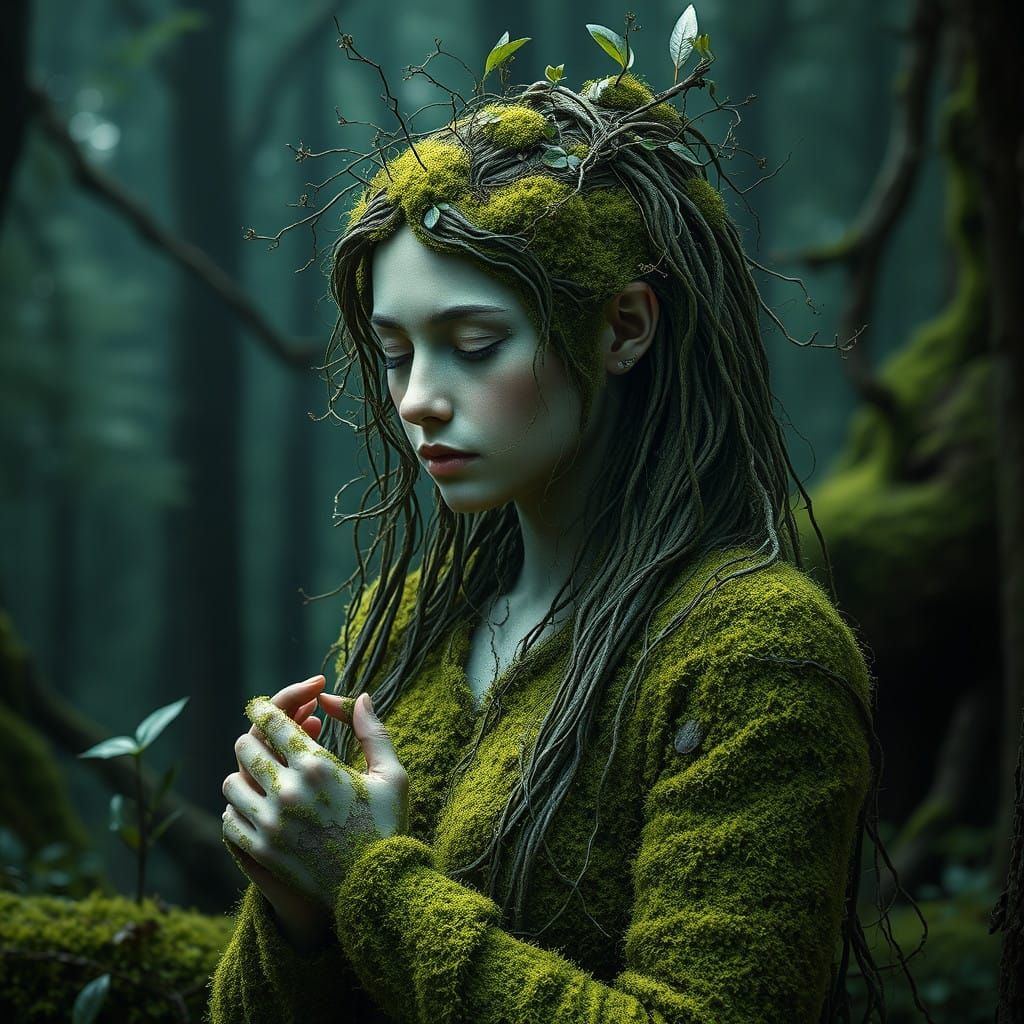 Serene Nature Goddess in Mossy Reverie