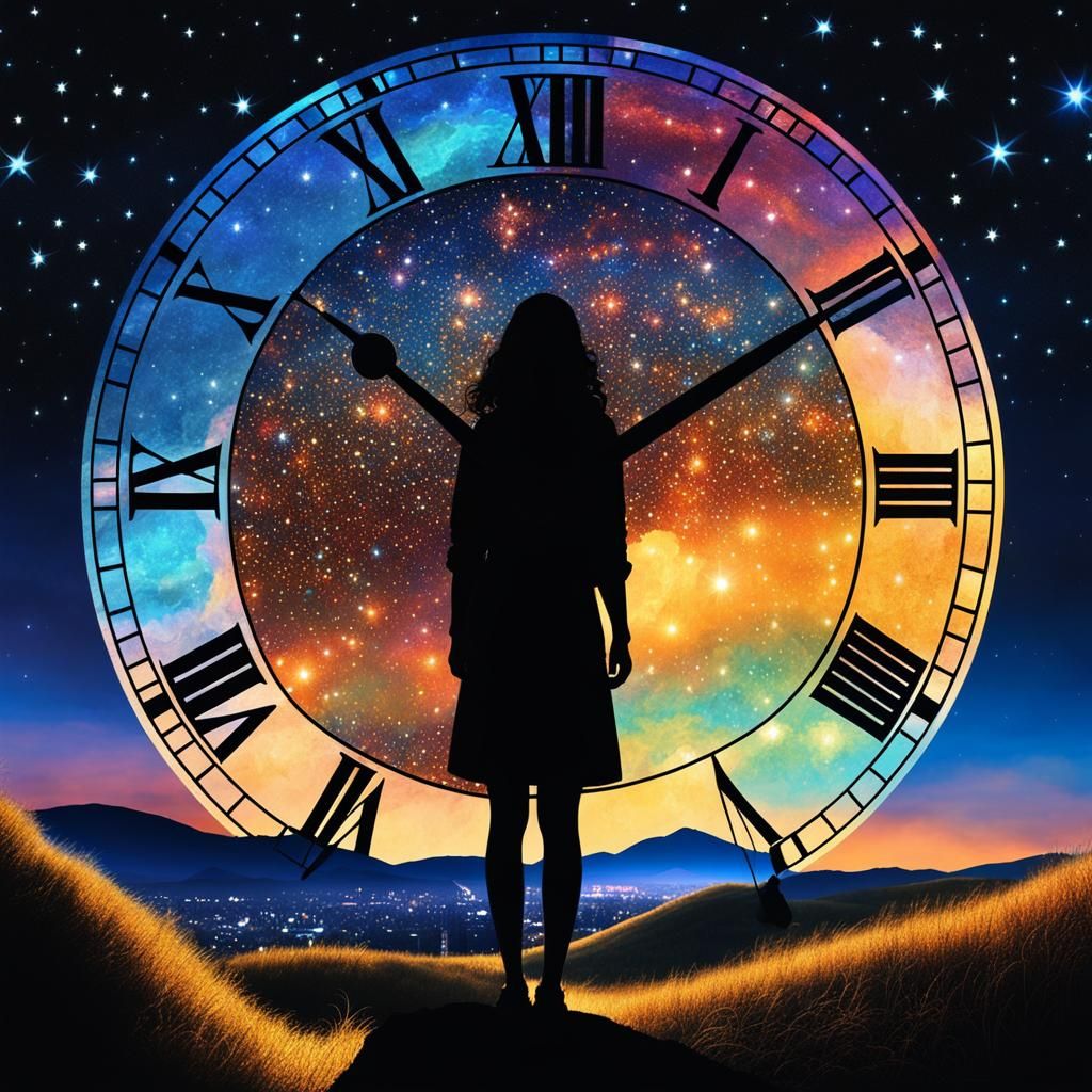 Double Exposure Clock and Woman in Klimt Style