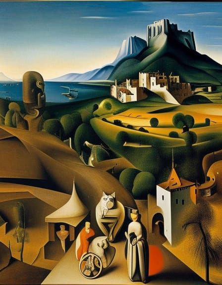 Surreal Landscape with Schrödinger Cat, as Oil Painting