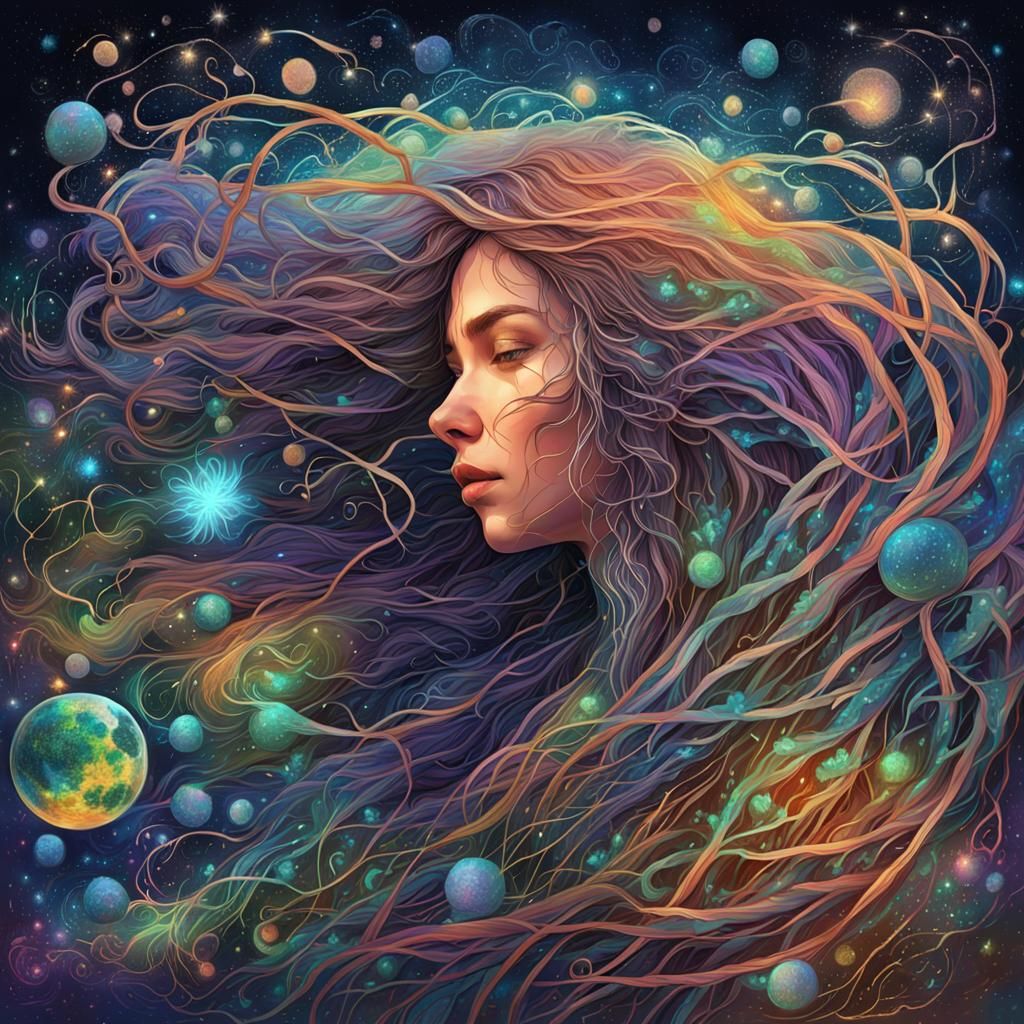 Astral Cosmic Hair Illustration in Pablo Amaringo Style