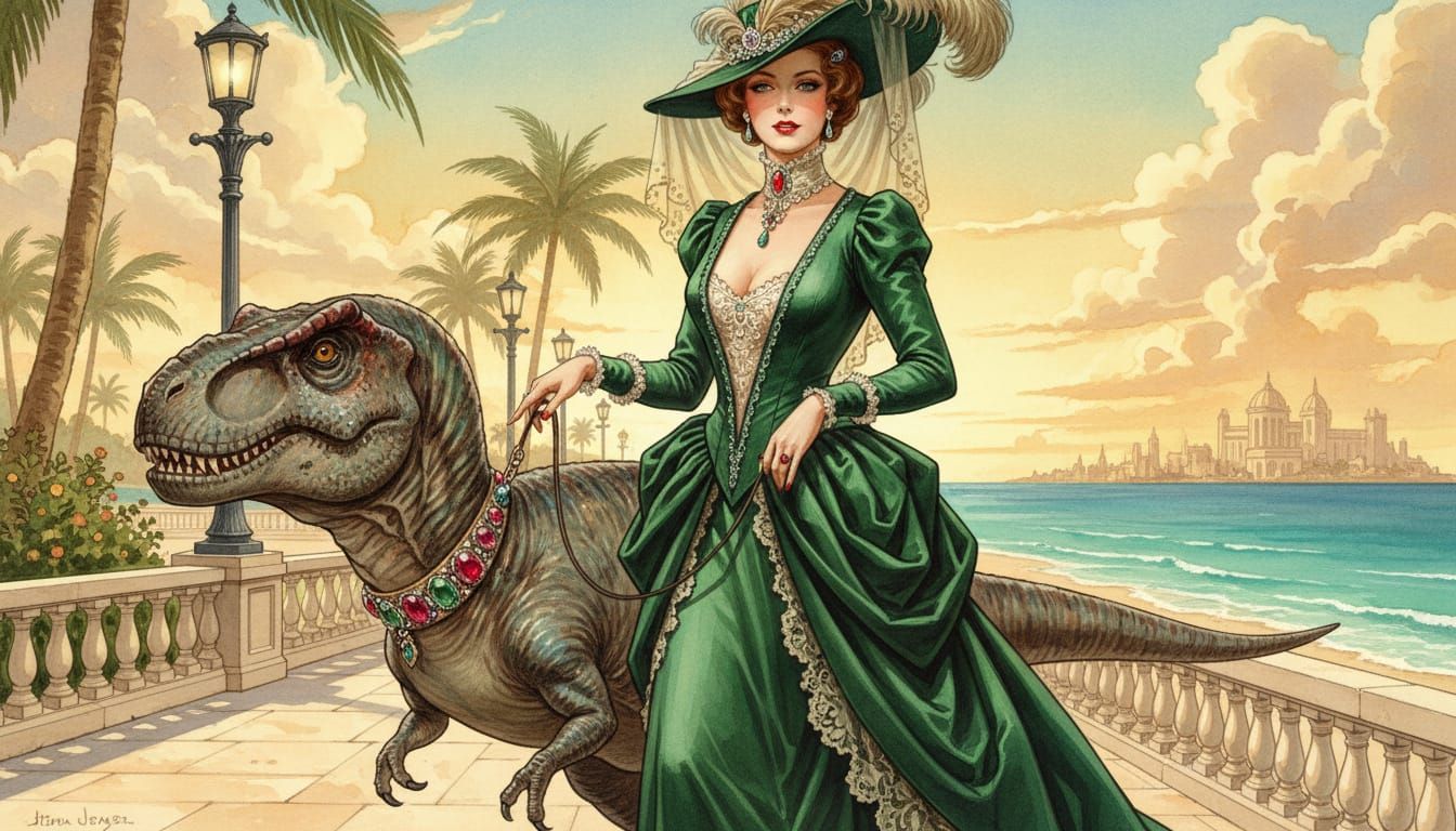 Glamorous Woman Leads T-Rex in Edwardian Era