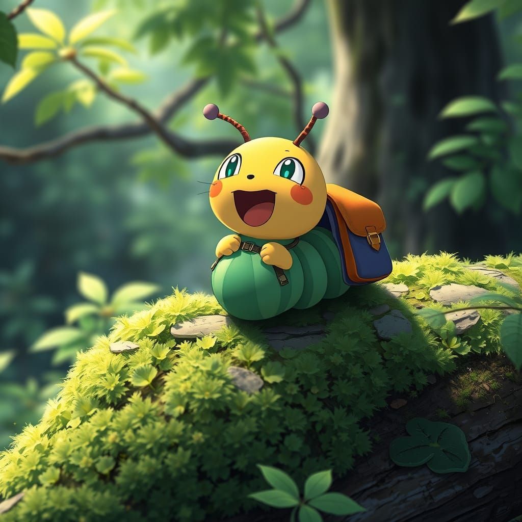 Anime Caterpillar with Backpack on Mossy Log