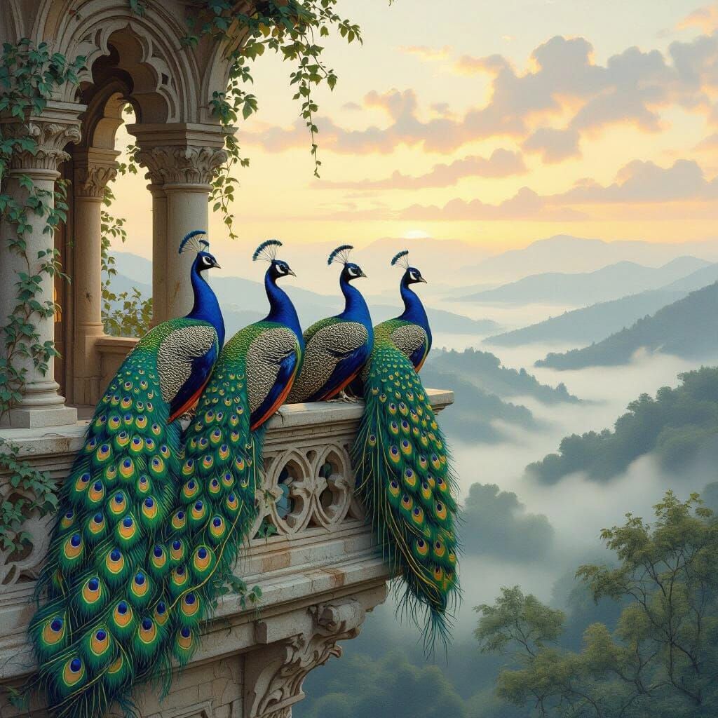 Peacocks on Balcony at Dawn in Art Nouveau Style