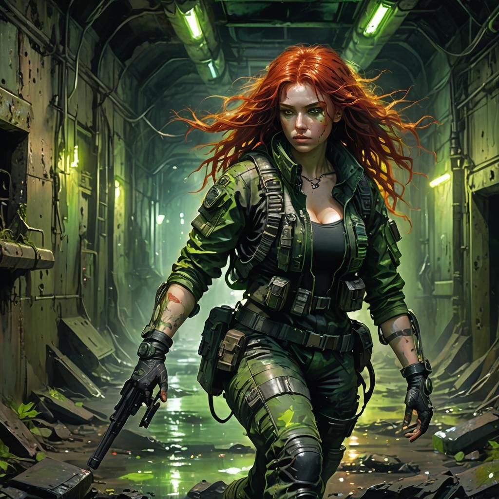 Post-Apocalyptic Woman in Sewer: Acrylic Painting