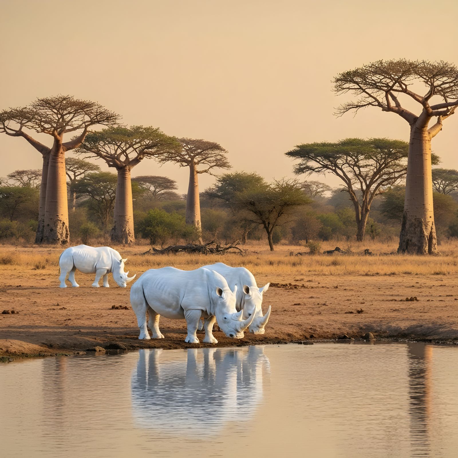 White Rhinos at Waterhole in Gonarezhou National Park
