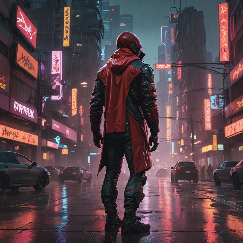 Red Hood in Cyberpunk City Concept Art