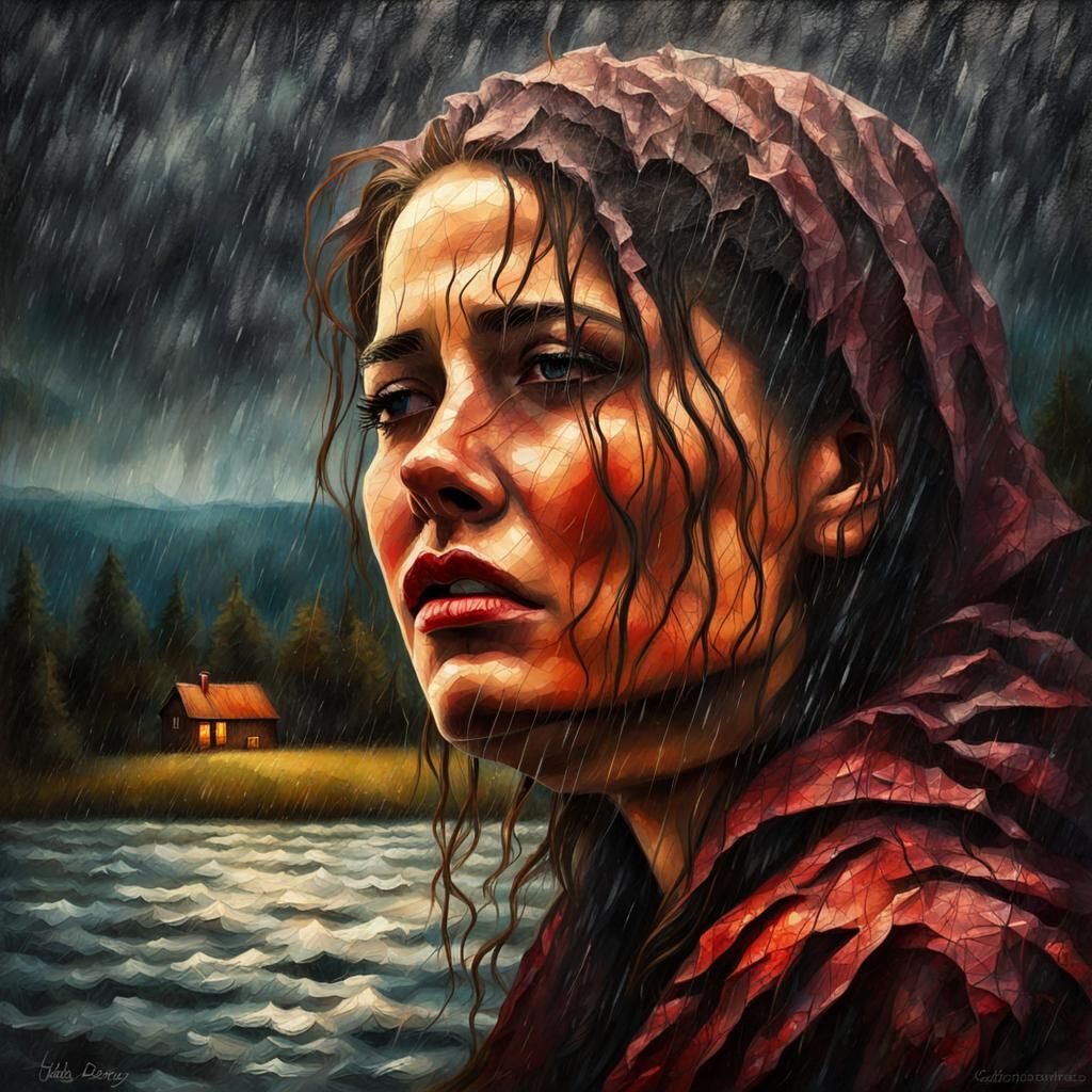 Woman Crying in Rain: Chiaroscuro Impasto Painting