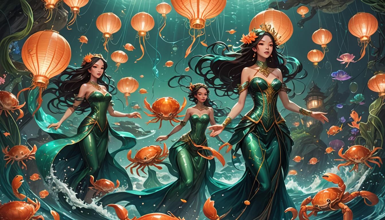 Underwater Queens in Symbolist Surrealist Style