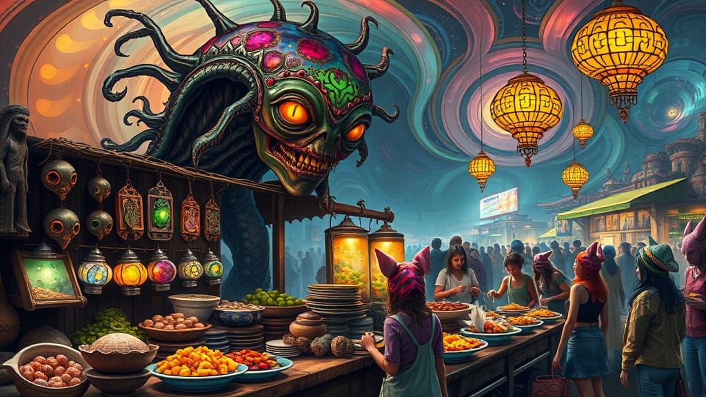 Surreal Alien Market With Plant Vendor and Glowing Wares