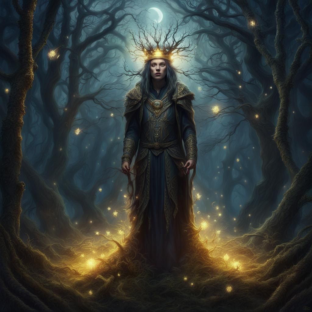 Mysterious Warlock in Moonlit Forest with Crown